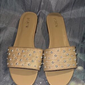J.Crew Tan Pearl-Embellished Slide Sandals